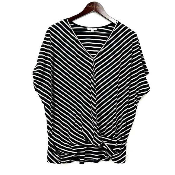 Umgee VNeck Cap Sleeve Blouse Women M Black White Stripe Twist Knot Front 1182H - Picture 2 of 11